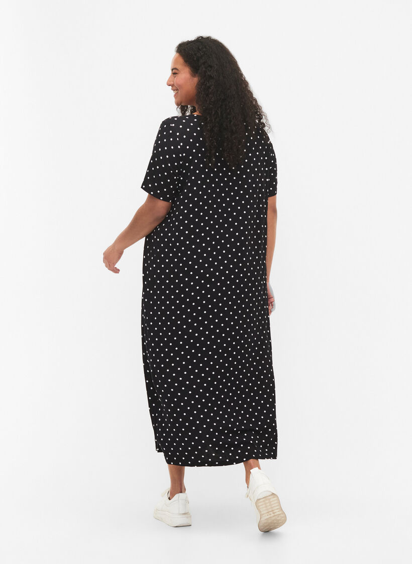 Viscose midi dress with short sleeves, Black Dot, Model image number 1