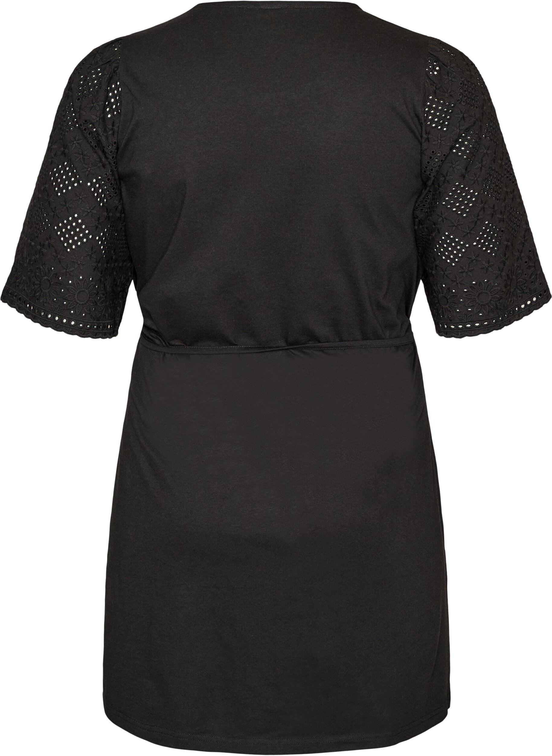 ZizzifashionCotton dress with broderie anglaise sleeves and a tie-waist, Black, Packshot image number 1