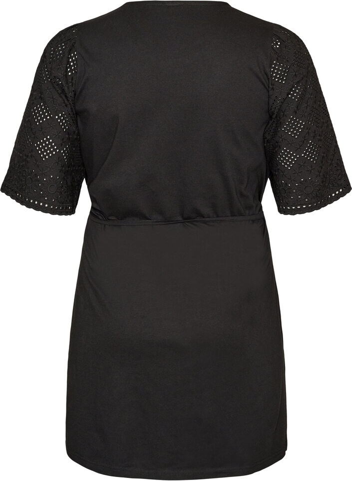 Cotton dress with broderie anglaise sleeves and a tie-waist, Black, Packshot image number 1