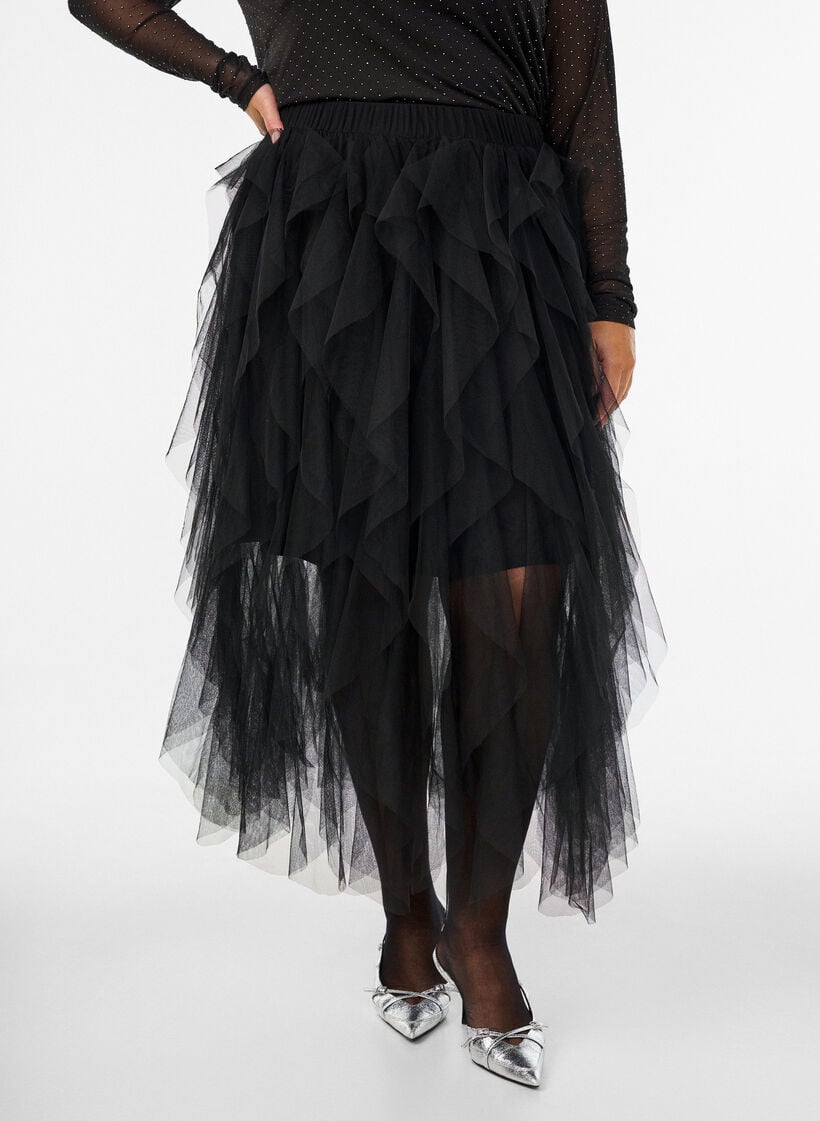 Midi tulle skirt with elastic waistband, Black, Model image number 2