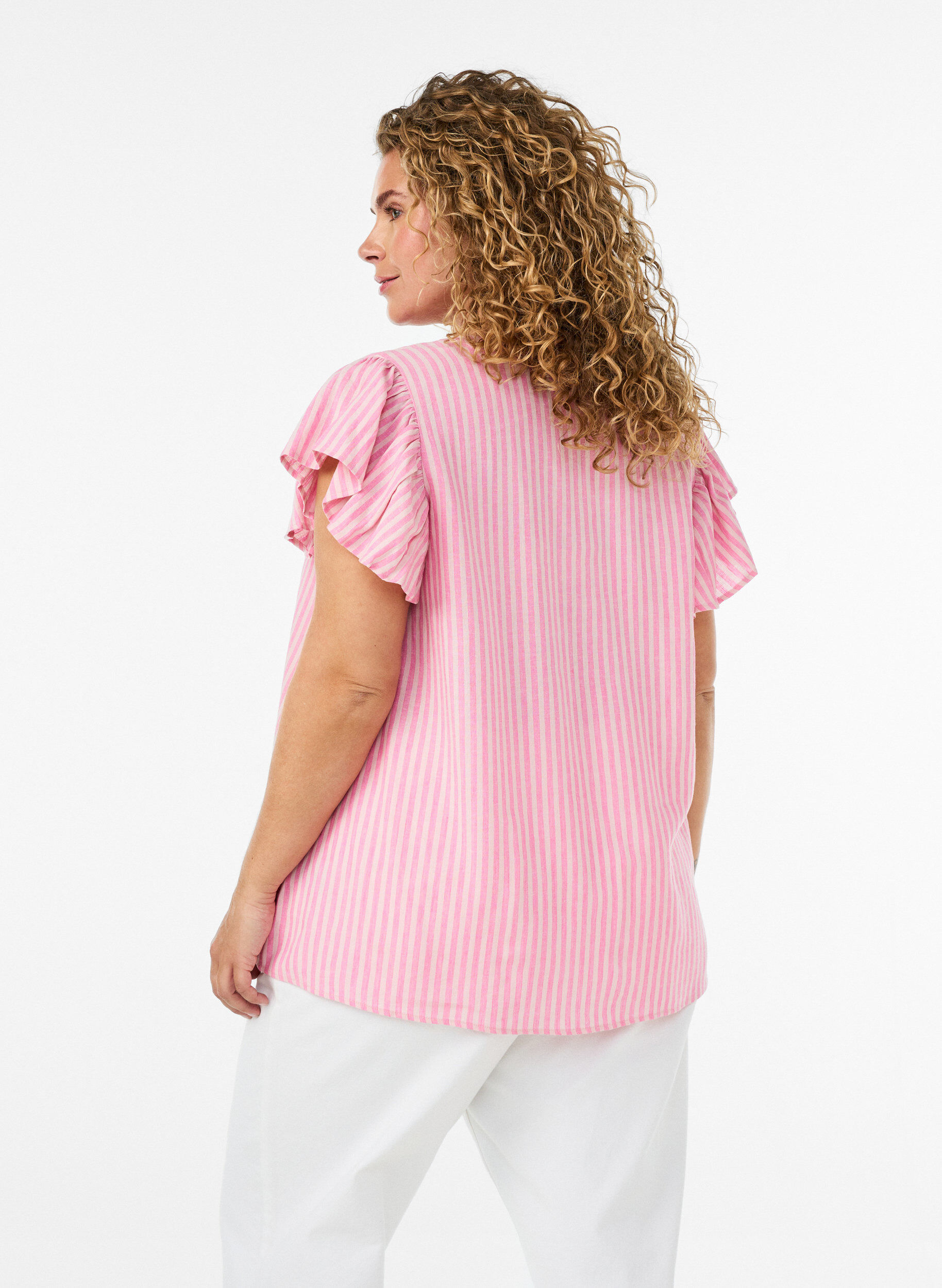 ZizzifashionViscose and linen blouse with ruffle sleeves, Pink, Model image number 2