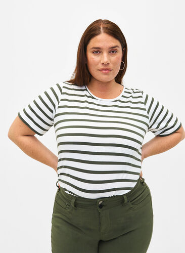 Striped T-shirt in organic cotton, Thyme Stripe, Model image number 0
