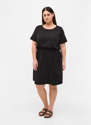 Short sleeve dress with waist belt, Black, Model image number 2