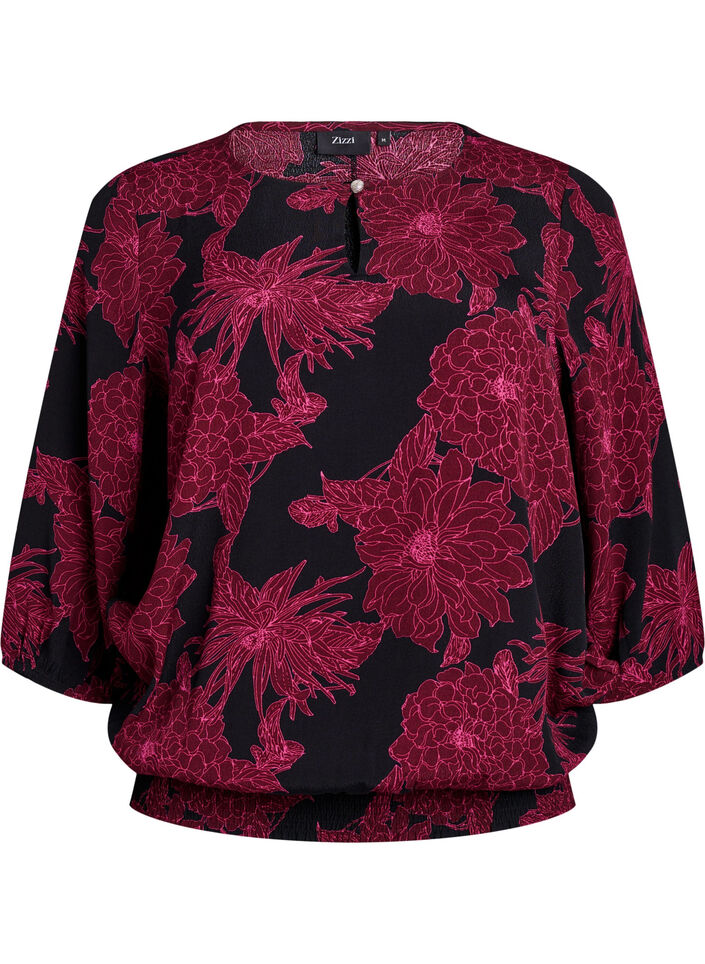 Viscose blouse with flower print and smocking, Dark Bordeaux, Packshot image number 0