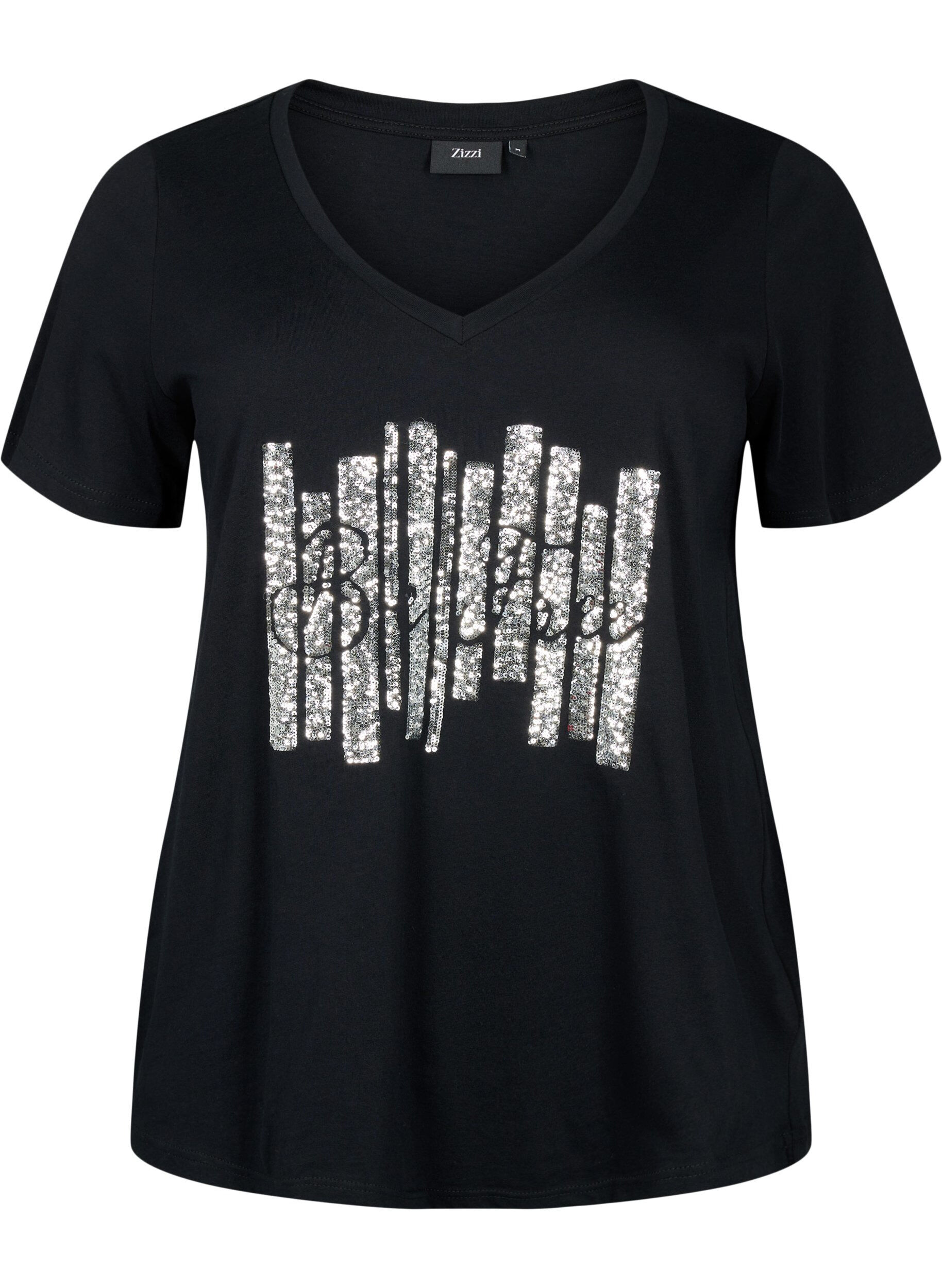 Zizzifashion Cotton t-shirt with sequins, Black W. Be free, Packshot image number 0