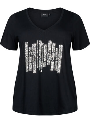 Cotton t-shirt with sequins, Black W. Be free, Packshot image number 0