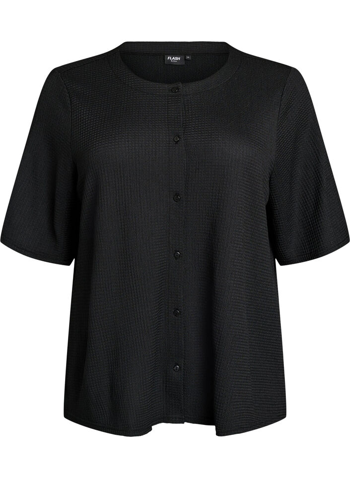 Short-sleeved blouse with texture and button fastening, Black, Packshot image number 0