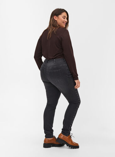 High-waisted Amy jeans with studs in the side seams, Dark Grey Denim, Model image number 1