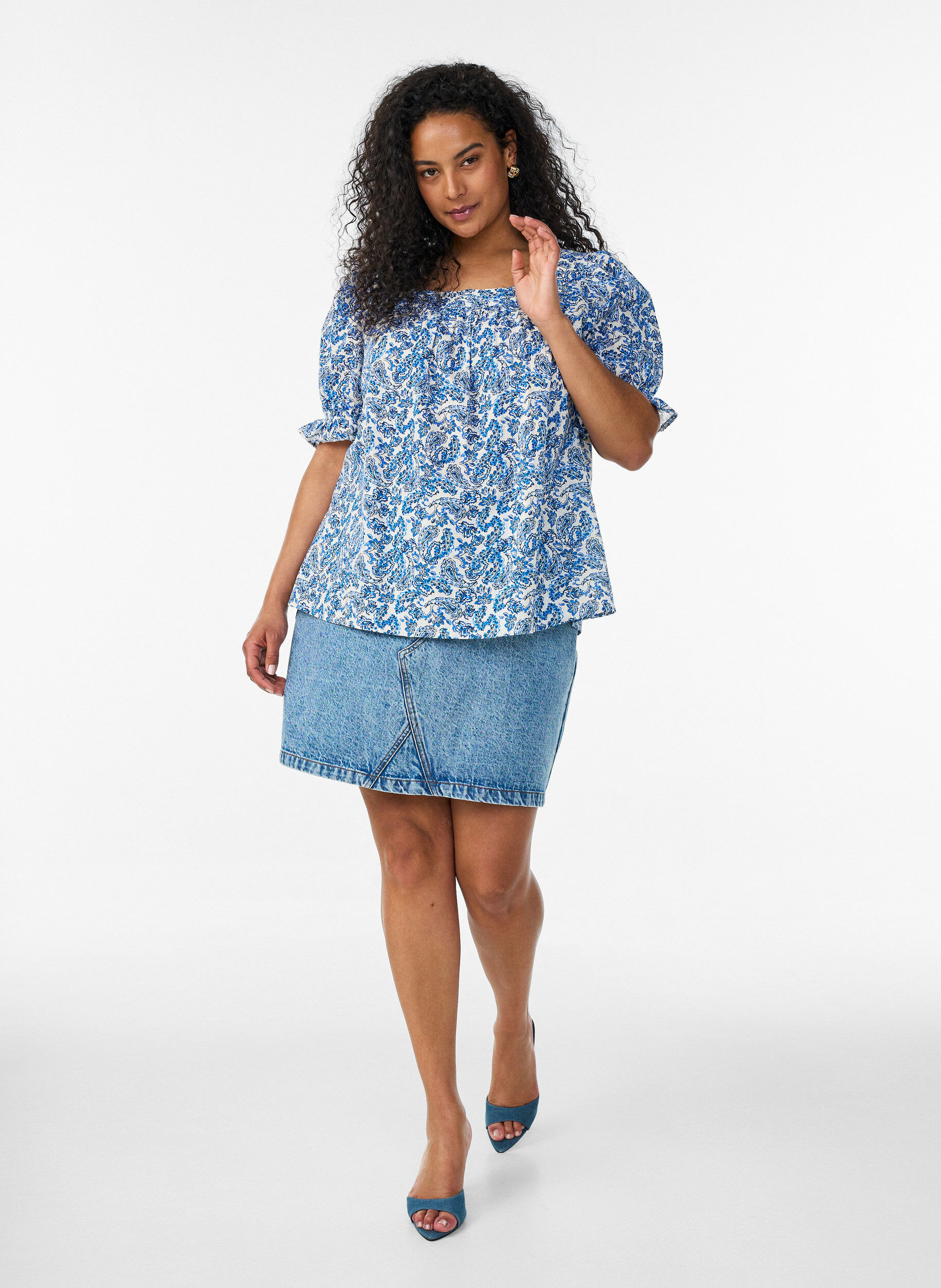 ZizzifashionCotton blouse with a square neckline, Blue, Model image number 1