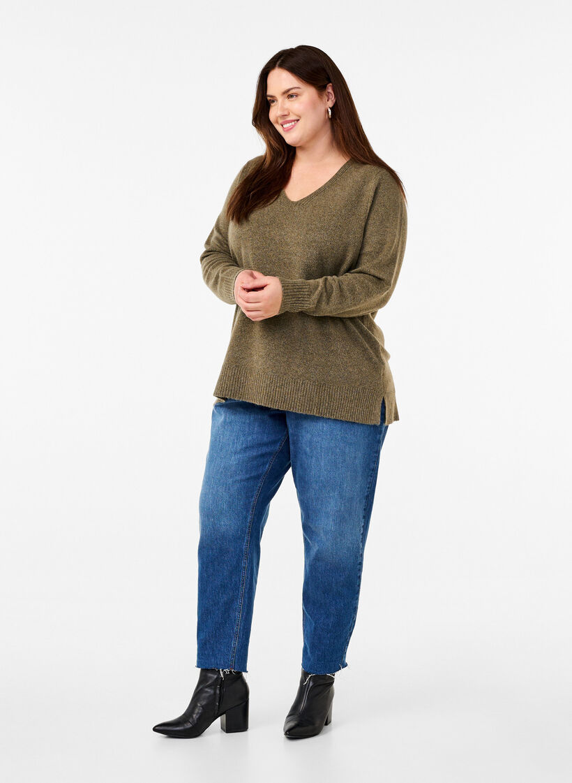 Knitted blouse with V-neck, Dusky G. Black Mel., Model image number 2