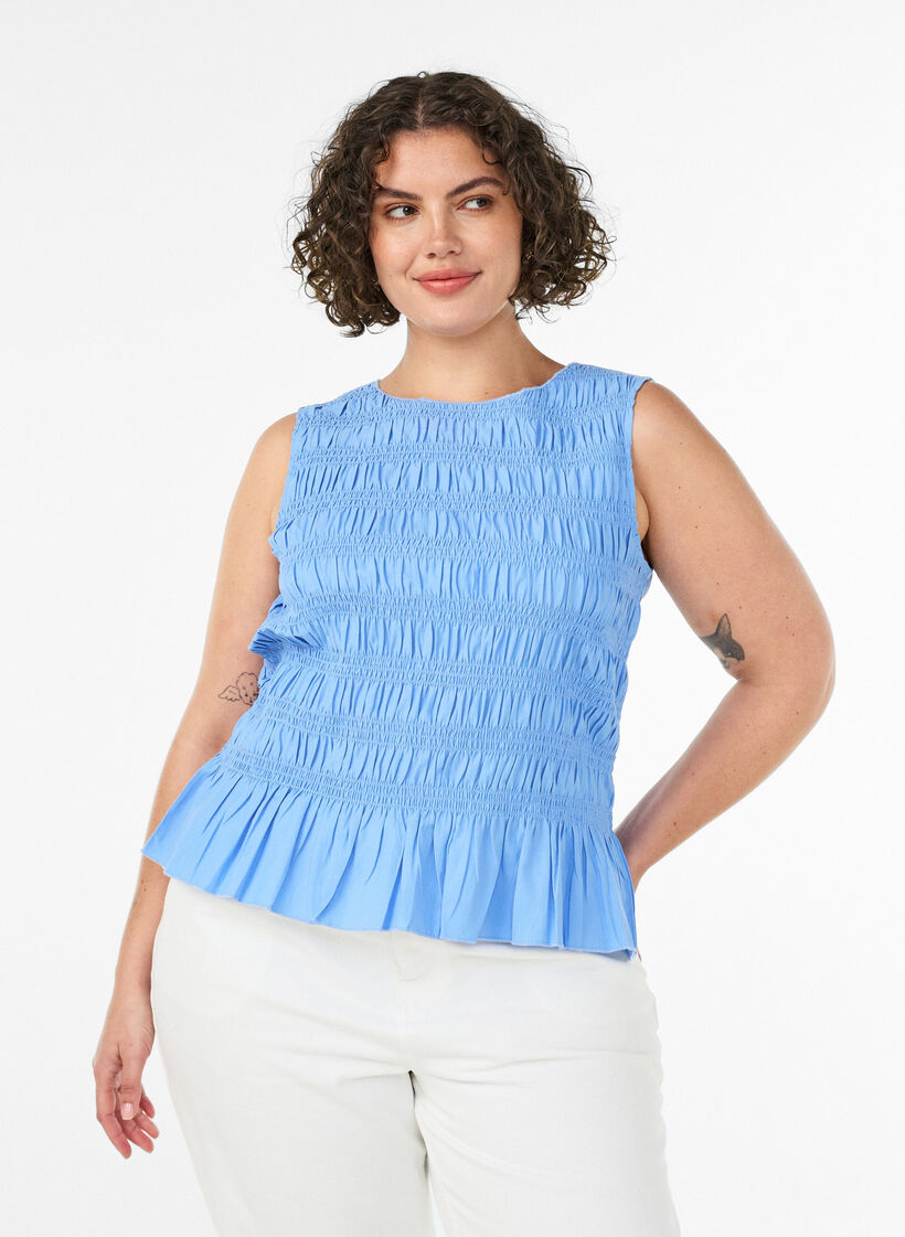 Smock top with boat neck and peplum hem, Blue, Model image number 0