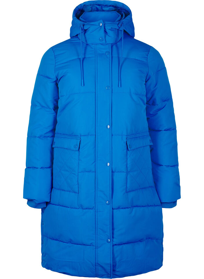 Long puffer jacket with pockets and hood, Blue, Packshot image number 0