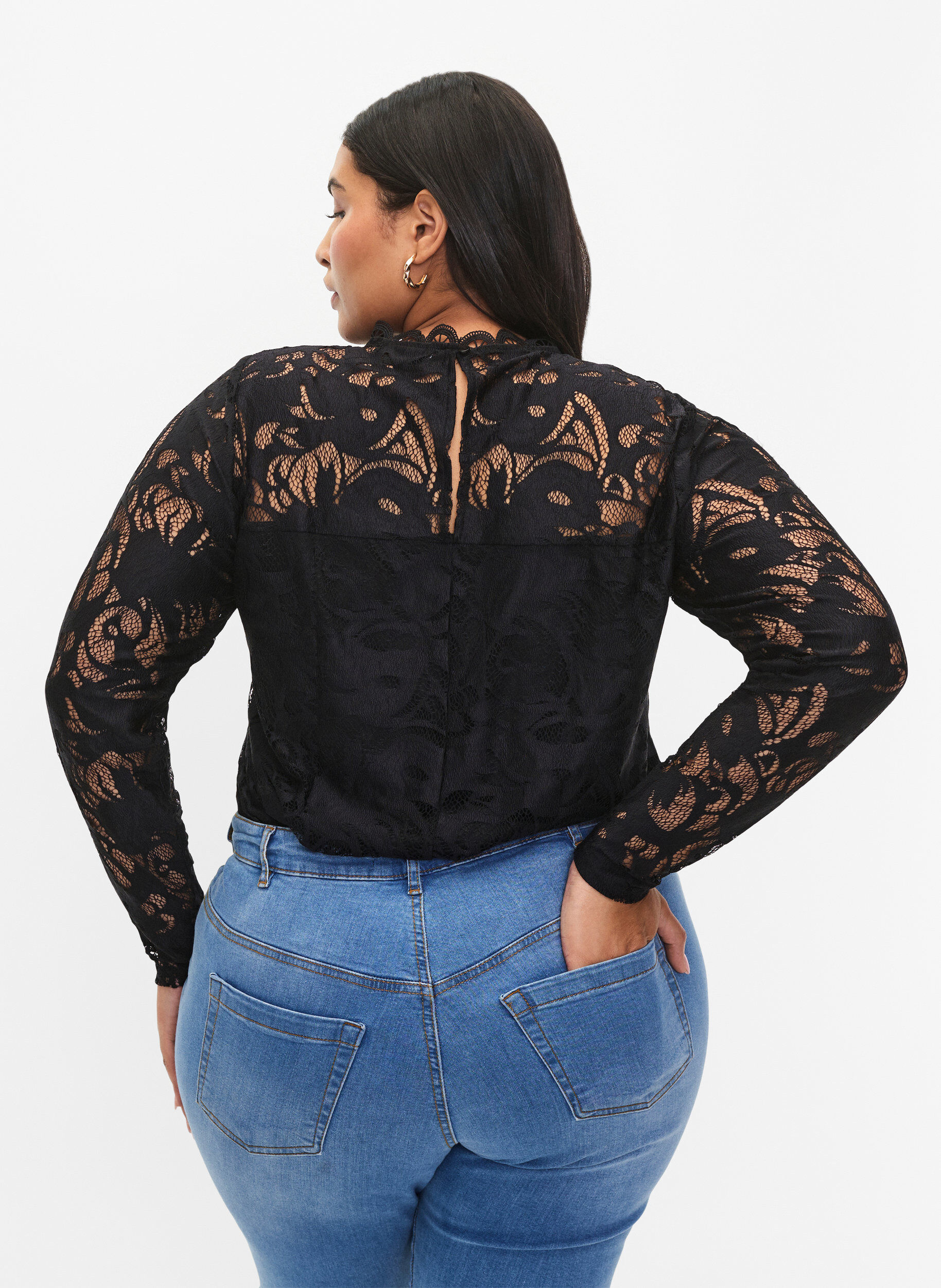 Zizzifashion Long-sleeved lace blouse, Black, Model image number 1