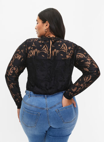 Long-sleeved lace blouse, Black, Model image number 1