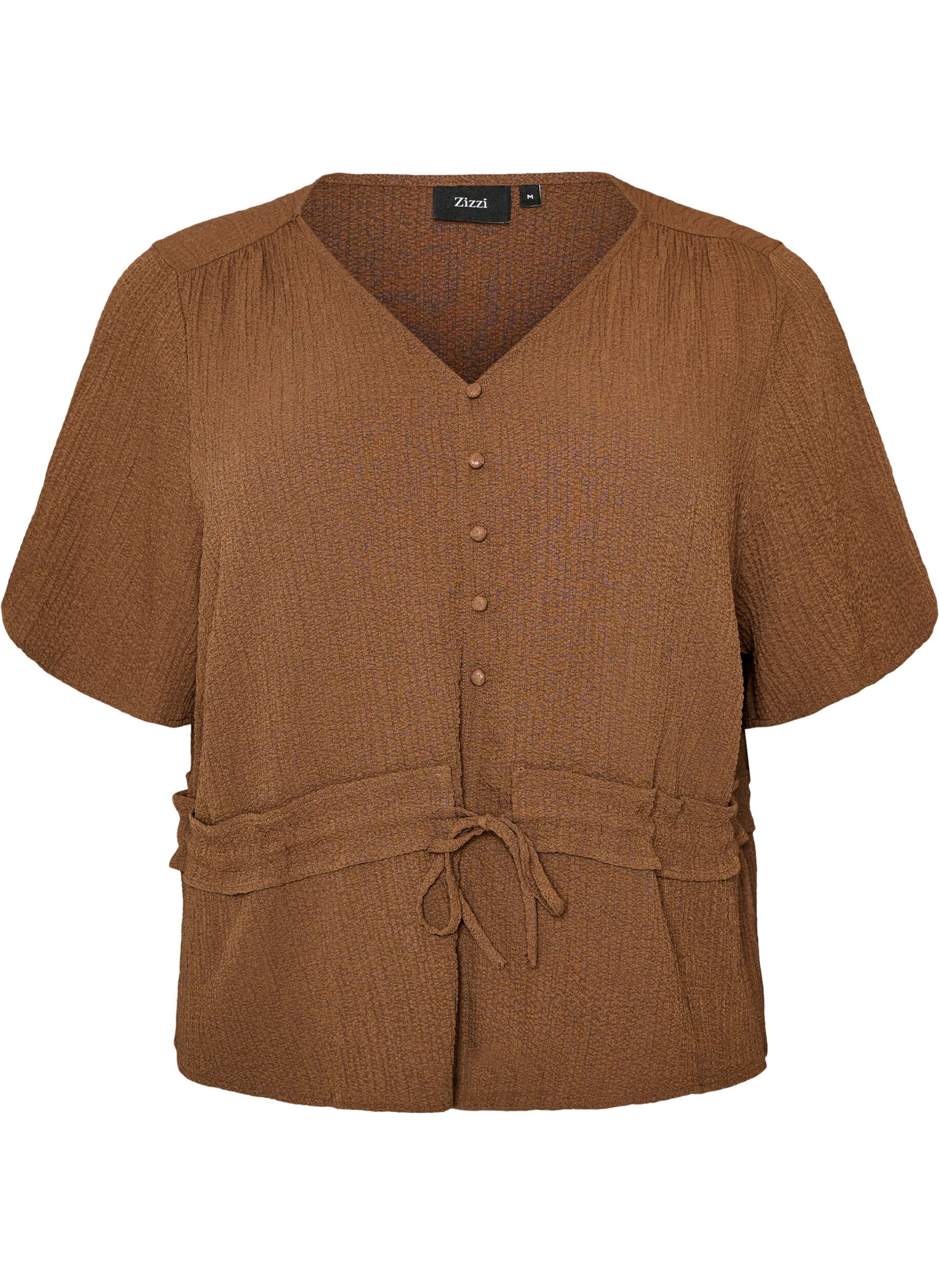 ZizzifashionBlouse with texture and a tie-waist, Brown, Packshot image number 0
