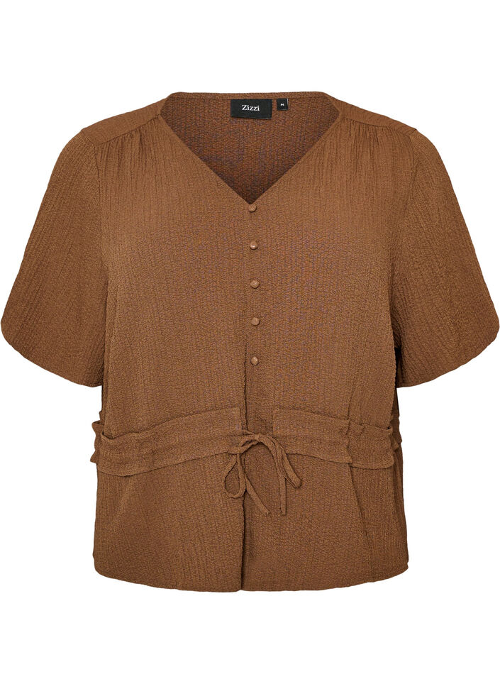 Blouse with texture and a tie-waist, Brown, Packshot image number 0