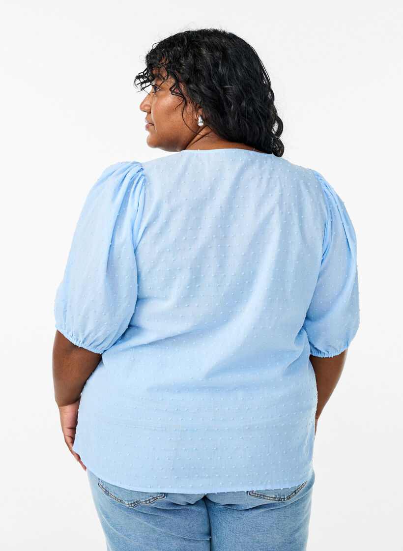 Shirt blouse with tie string and dotted texture, Light Blue, Model image number 2