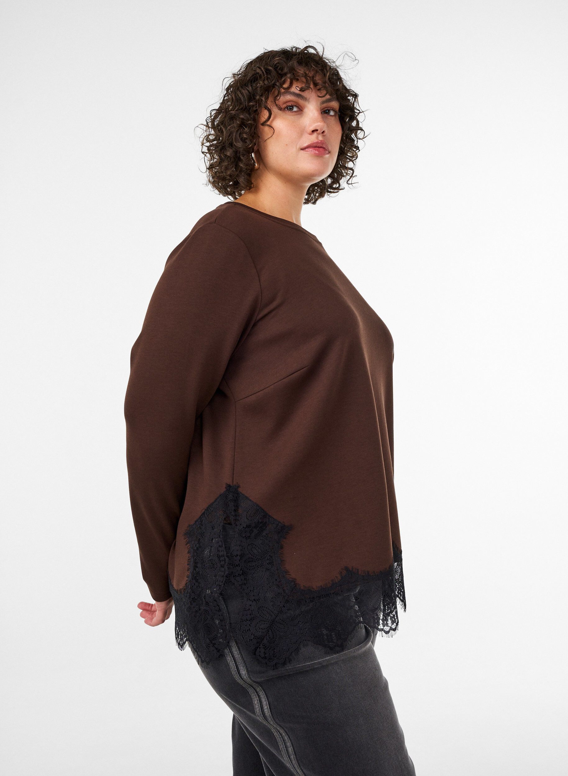 ZizzifashionJersey blouse with lace trim, Brown, Model image number 3