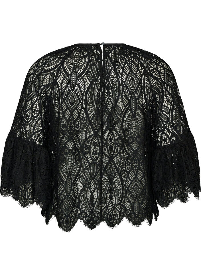 Lace blouse with long trumpet sleeves and ruffles, Black, Packshot image number 1