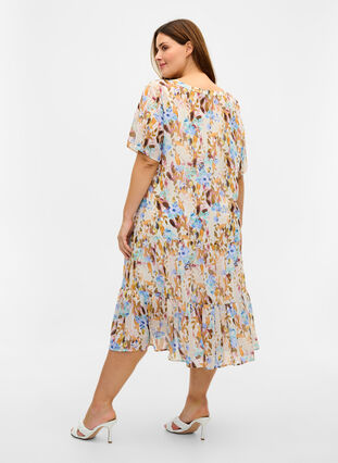 Short-sleeved floral midi dress, Humus Flower AOP, Model image number 0