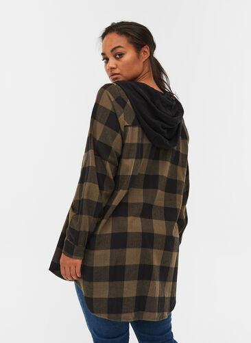 Checked shirt jacket with hood, Ivy Green Check, Model image number 1