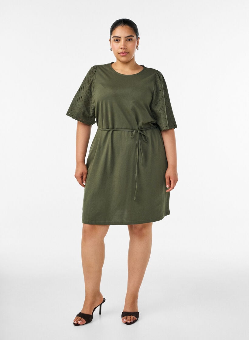 Cotton dress with broderie anglaise sleeves and a tie-waist, Green, Model image number 1