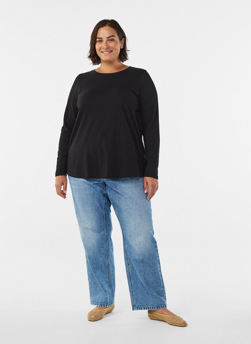 Basic jersey blouse with long sleeves, Black, Model image number 1