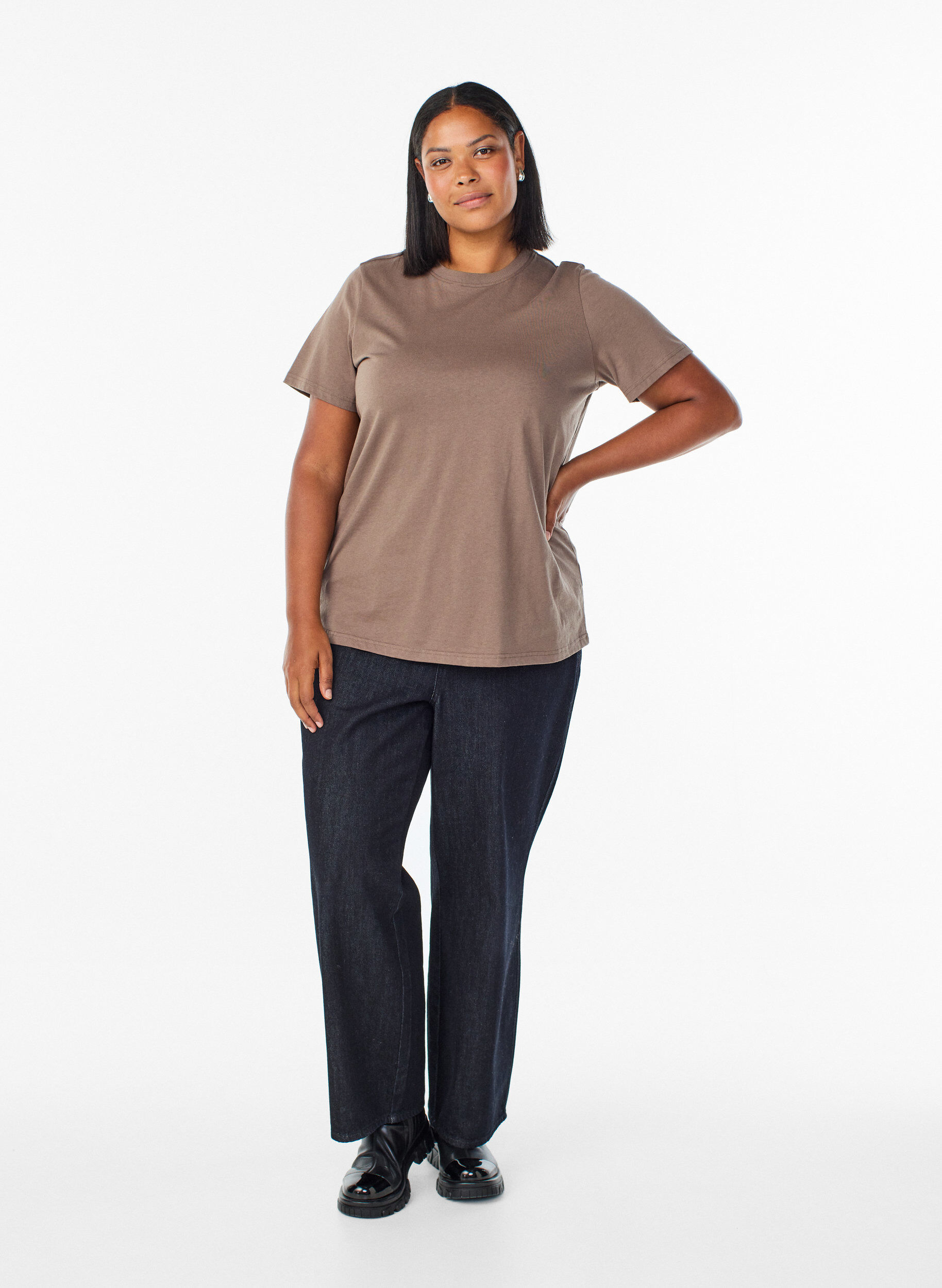 ZizzifashionBasic cotton T-shirt with round neck, Brown, Model image number 1