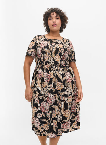 Printed viscose dress with smock, Paisley Flower, Model image number 0