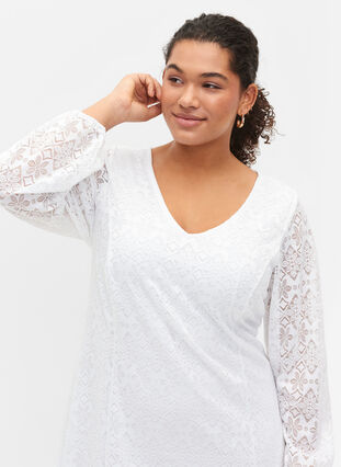 Lace dress with v neck and long sleeves, Bright White, Model image number 3