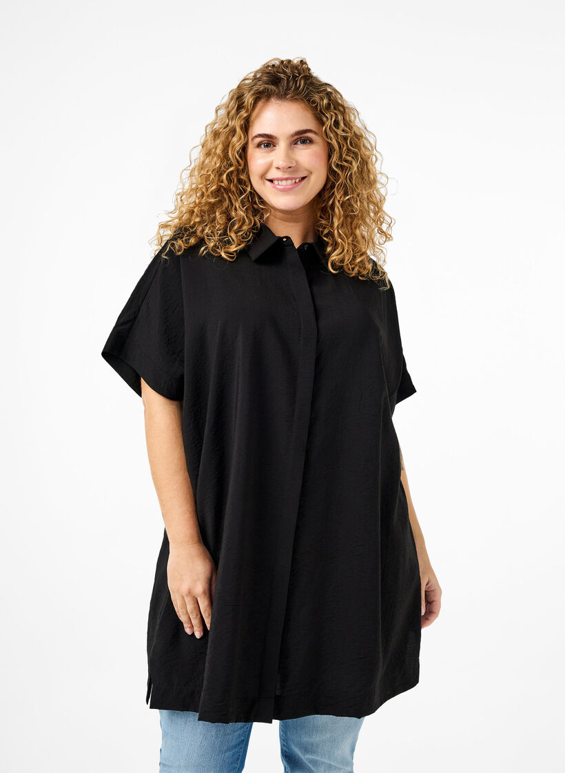 Long viscose shirt with short sleeves, Black, Model image number 0