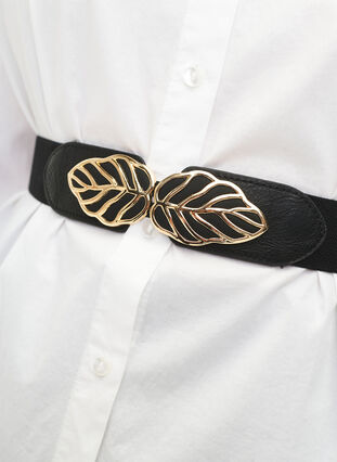 Elastic waist belt with gold buckle, Black, Model image number 1