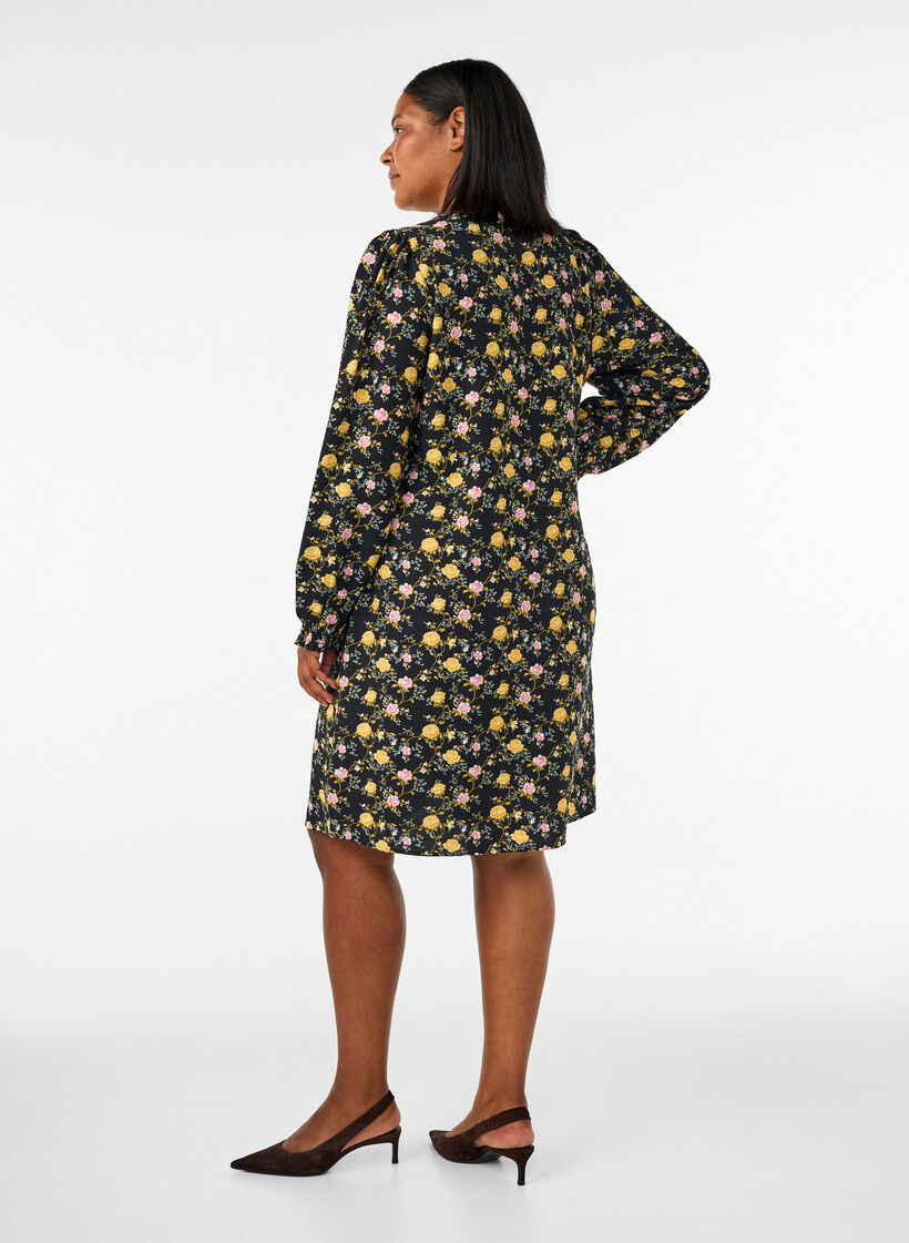 Patterned viscose dress with long sleeves, Black, Model image number 2