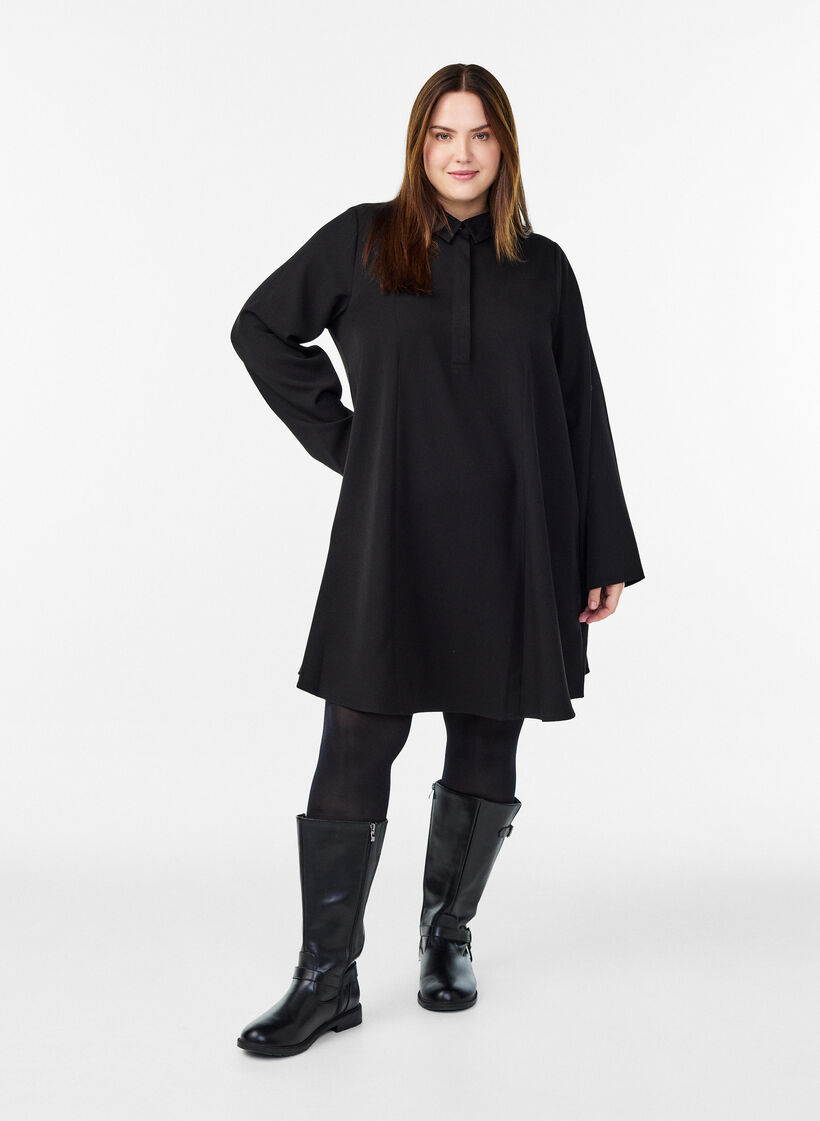 Short A-line dress with long sleeves, Black, Model image number 1