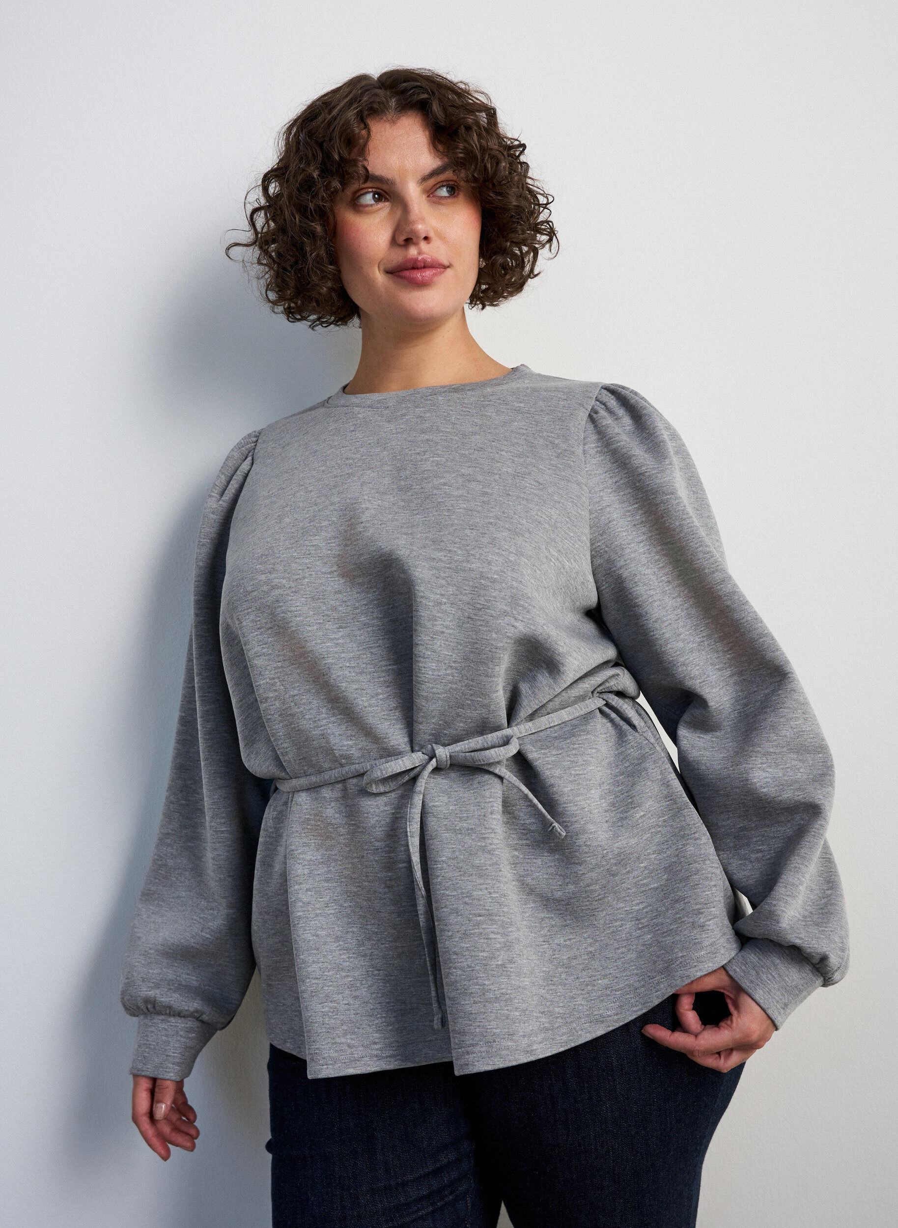 ZizzifashionBlouse with tie and puff sleeves, Grey, Model image number 3