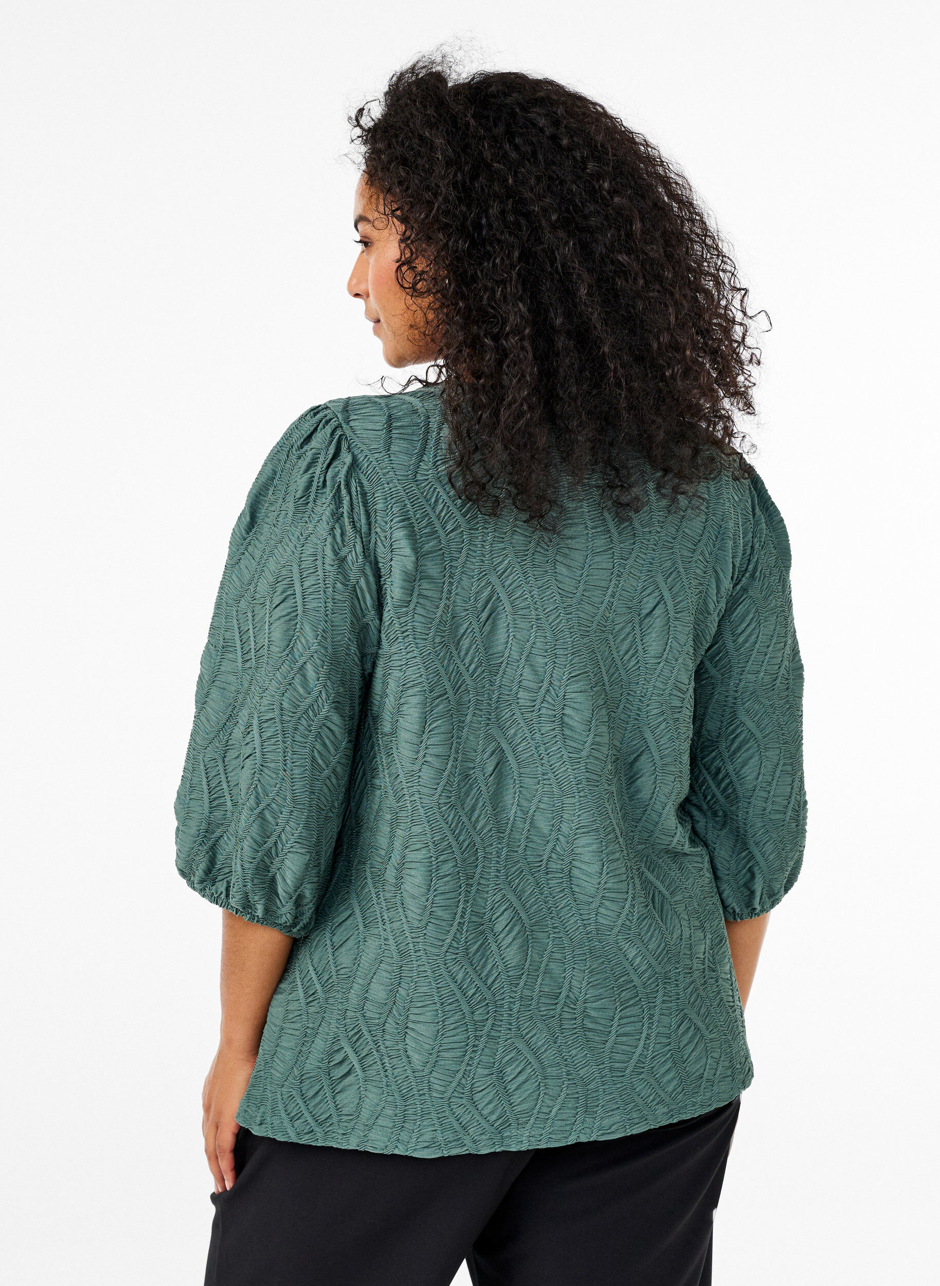 Zizzifashion Blouse with texture and 3/4 sleeves, Green, Model image number 2