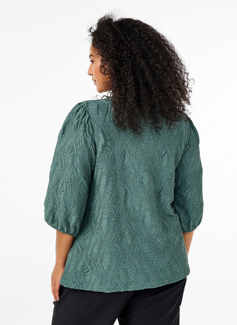Blouse with texture and 3/4 sleeves, Green, Model image number 2