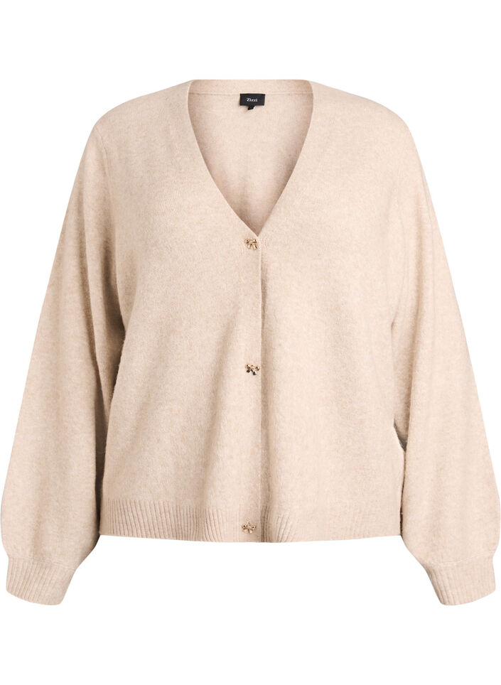 Knit cardigan with wool and bow buttons, Beige, Packshot image number 0