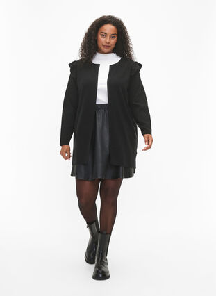Knit cardigan with frills and pockets, Black, Model image number 2