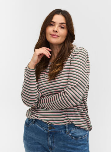 Striped long-sleeved blouse, Rosa/Green Stripe, Model image number 0