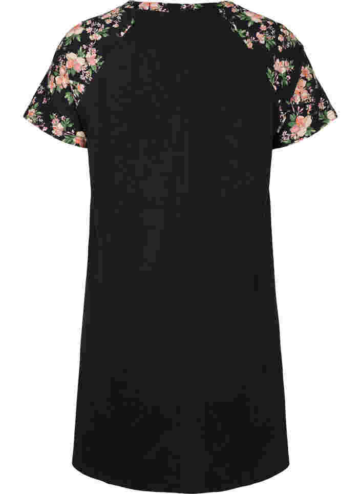Short sleeve cotton nightdress with print details, Black Flower, Packshot image number 1
