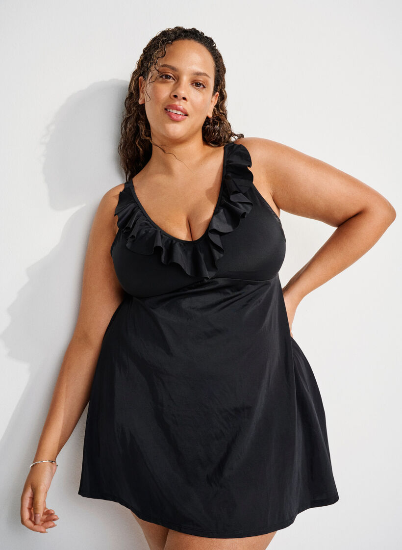 Swimdress with ruffles and removable padding, Black, Image image number 0