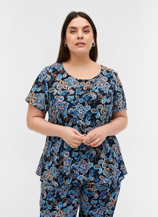 Viscose blouse with print and short sleeves, Paisley AOP, Model image number 0