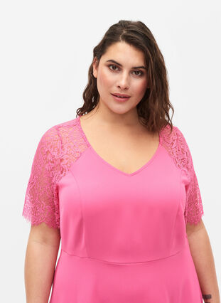 Midi dress with short lace sleeves, Shocking Pink, Model image number 2