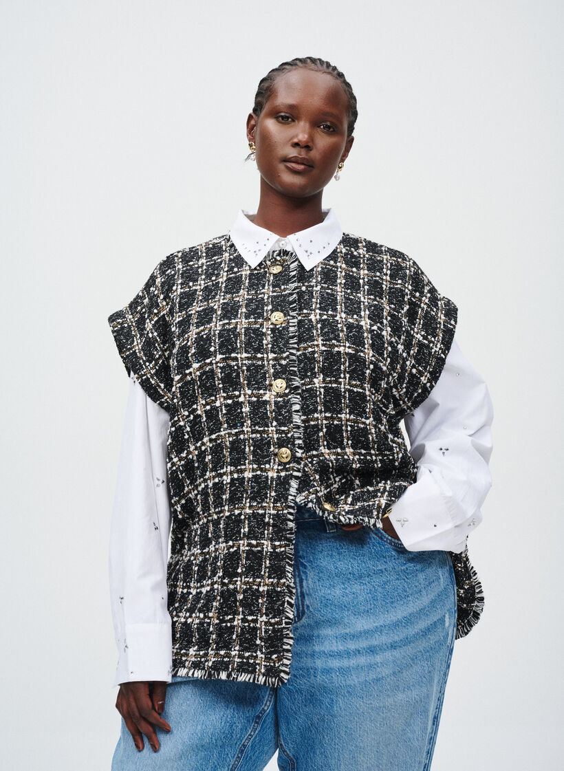 Checked waistcoat with decorative buttons, Black w. White, Image image number 0