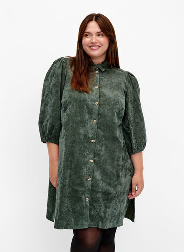 Corduroy dress with 3/4 sleeves and buttons, Deep Forest, Model image number 0