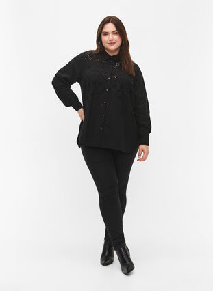 Cotton shirt with broderie anglaise, Black, Model image number 2