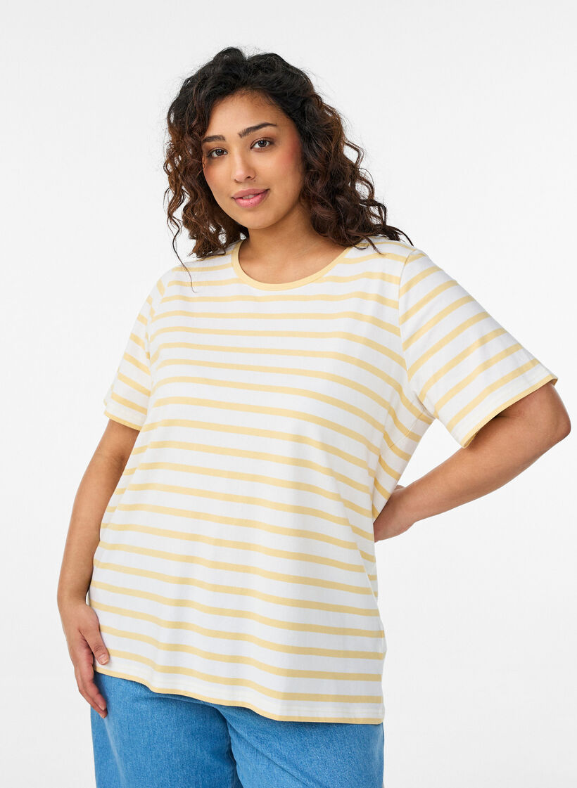 Striped T-shirt in organic cotton, Yellow, Model image number 0