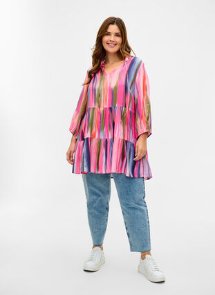 Printed viscose tunic with tie-string detail, Pink AOP, Model image number 2