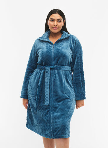 Patterned dressing gown with zipper and pockets, Blue Coral, Model image number 0